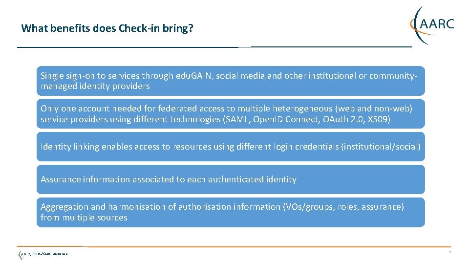 What benefits does Check-in bring? Single sign-on to services through edu. GAIN, social media