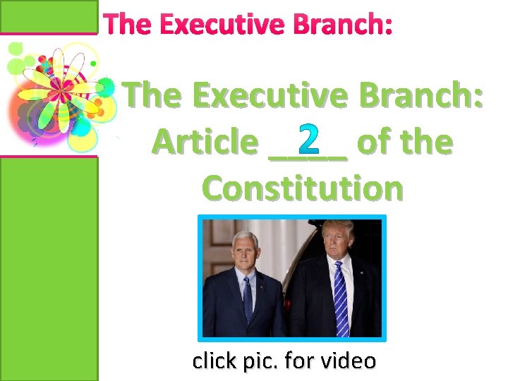 The Executive Branch: Article ____ of the Constitution click pic. for video 