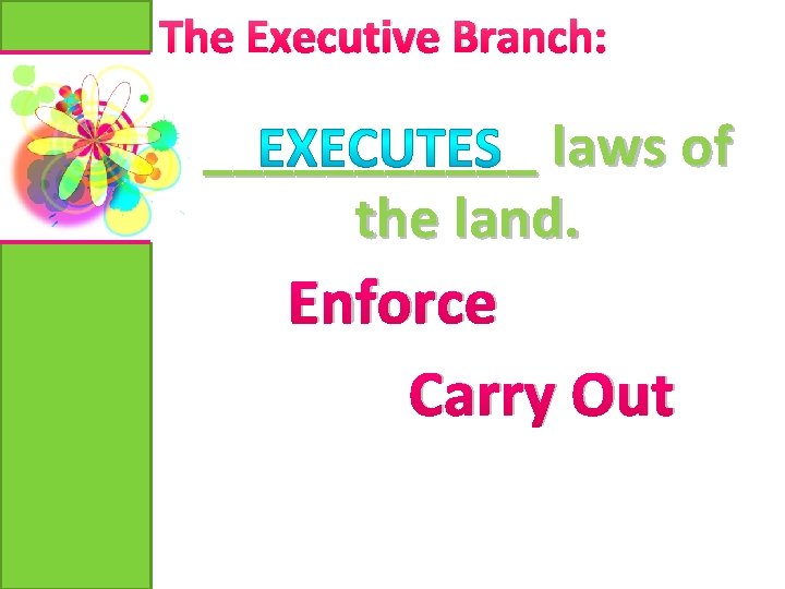 The Executive Branch: ______ laws of the land. Enforce Carry Out 