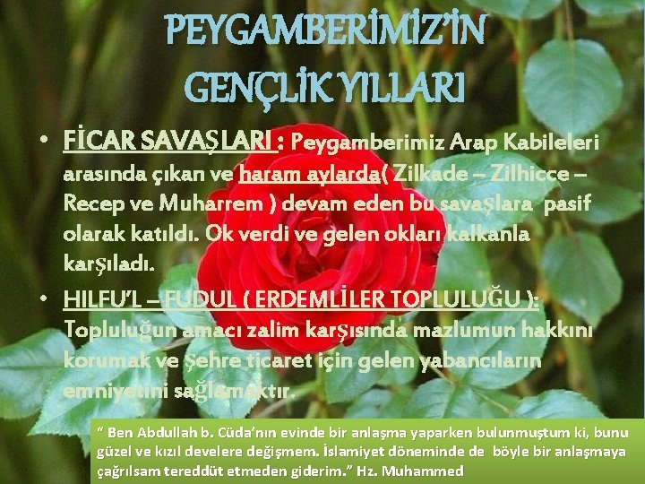 PEYGAMBERİMİZ’İN GENÇLİK YILLARI • FİCAR SAVAŞLARI : Peygamberimiz Arap Kabileleri arasında çıkan ve haram