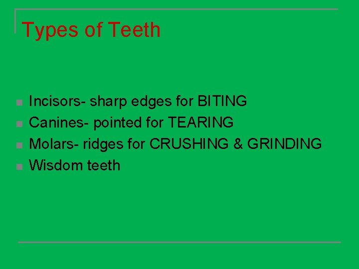 Types of Teeth n n Incisors- sharp edges for BITING Canines- pointed for TEARING