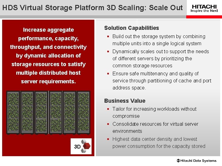 HDS Virtual Storage Platform 3 D Scaling: Scale Out Solution Capabilities Increase aggregate performance,