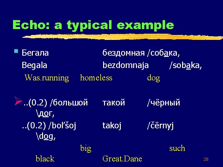 Echo: a typical example § Бегала Begala Was. running бездомная /собака, bezdomnaja /sobaka, homeless