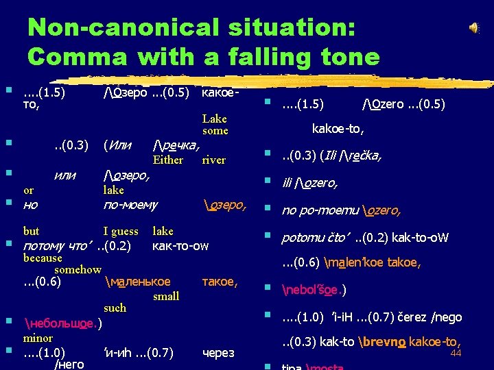 Non-canonical situation: Comma with a falling tone § . . (1. 5) то, /Озеро.