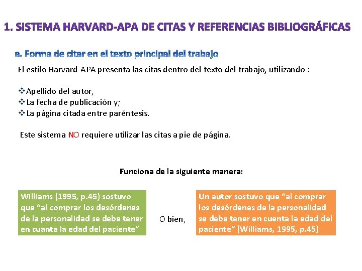 El estilo Harvard-APA presenta las citas dentro del texto del trabajo, utilizando : v.