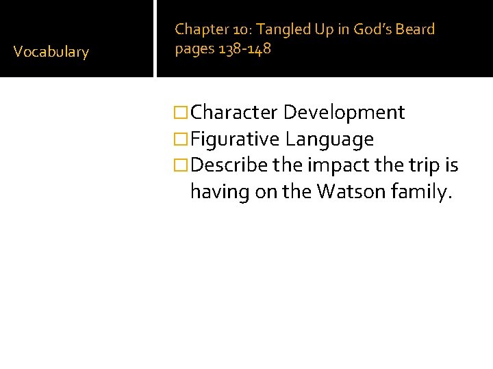 Vocabulary Chapter 10: Tangled Up in God’s Beard pages 138 -148 �Character Development �Figurative