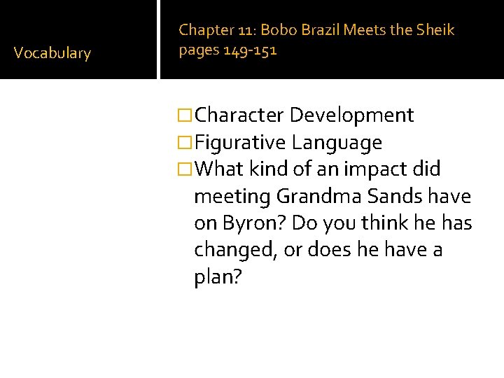 Vocabulary Chapter 11: Bobo Brazil Meets the Sheik pages 149 -151 �Character Development �Figurative