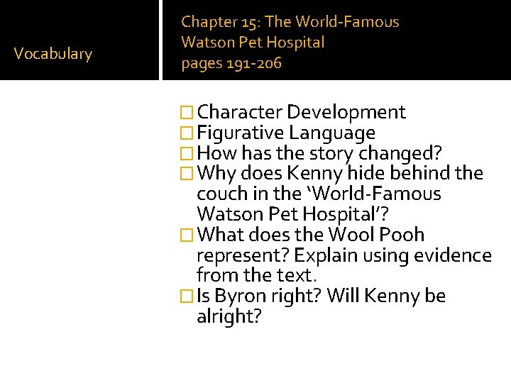 Vocabulary Chapter 15: The World-Famous Watson Pet Hospital pages 191 -206 �Character Development �Figurative