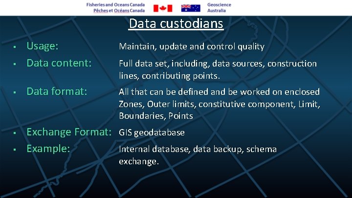 Data custodians Maintain, update and control quality § Usage: Data content: § Data format: