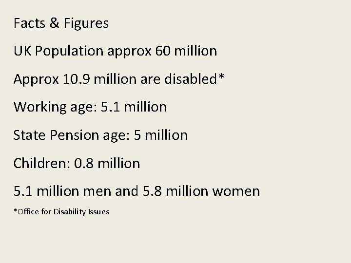 Facts & Figures UK Population approx 60 million Approx 10. 9 million are disabled*