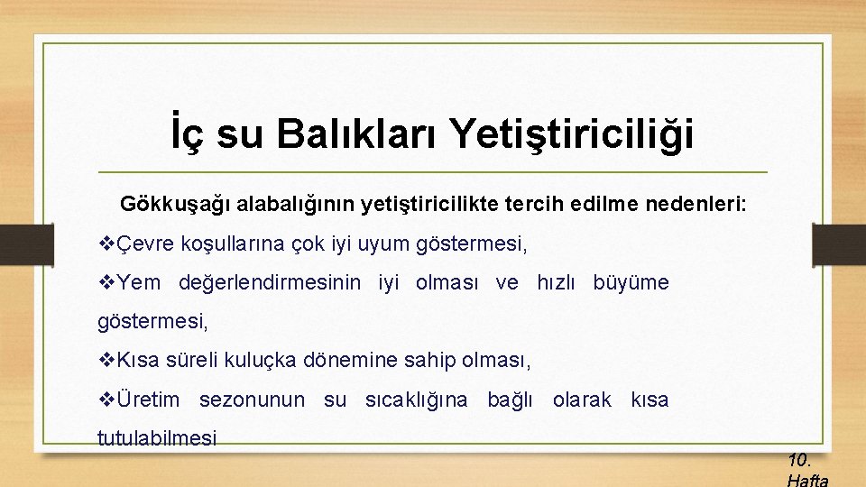 İç su Balıkları Yetiştiriciliği Gökkuşağı alabalığının yetiştiricilikte tercih edilme nedenleri: vÇevre koşullarına çok iyi