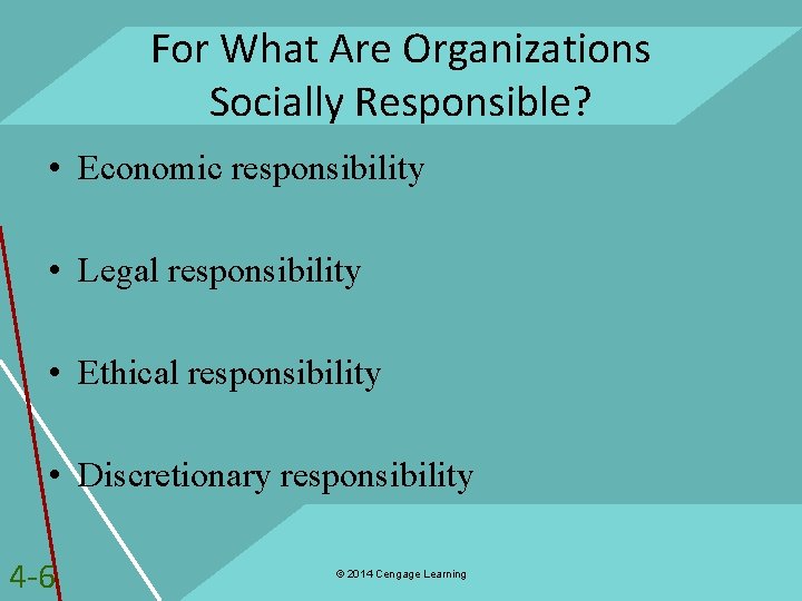 For What Are Organizations Socially Responsible? • Economic responsibility • Legal responsibility • Ethical