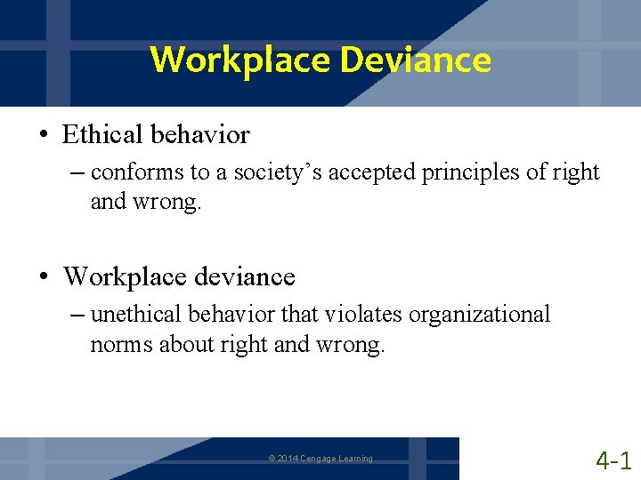 Workplace Deviance • Ethical behavior – conforms to a society’s accepted principles of right