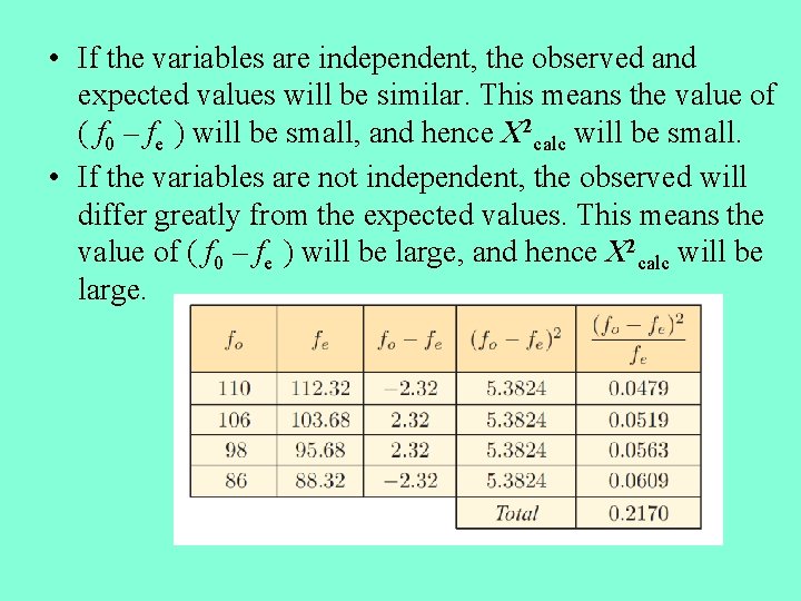  • If the variables are independent, the observed and expected values will be