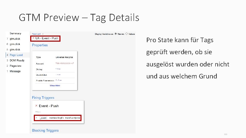 GTM Preview – Tag Details Pro State kann für Tags geprüft werden, ob sie