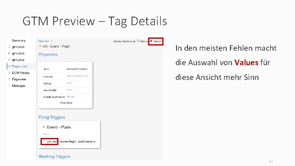 GTM Preview – Tag Details In den meisten Fehlen macht die Auswahl von Values