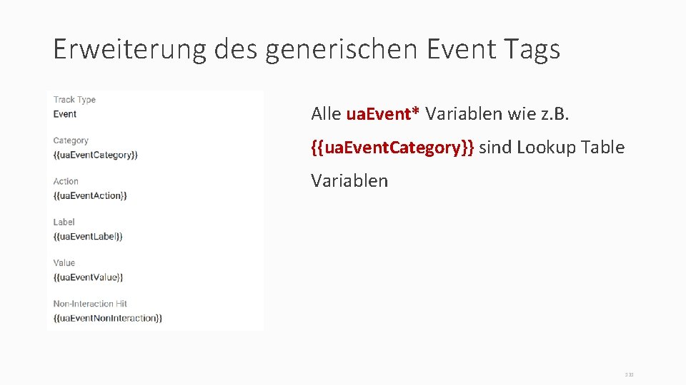 Erweiterung des generischen Event Tags Alle ua. Event* Variablen wie z. B. {{ua. Event.