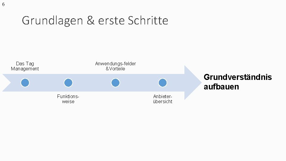 6 Grundlagen & erste Schritte Das Tag Management Anwendungs-felder &Vorteile Grundverständnis aufbauen Funktionsweise Anbieterübersicht