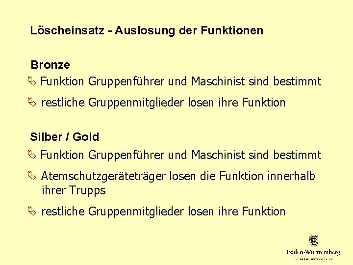 Löscheinsatz - Auslosung der Funktionen Bronze Funktion Gruppenführer und Maschinist sind bestimmt restliche Gruppenmitglieder