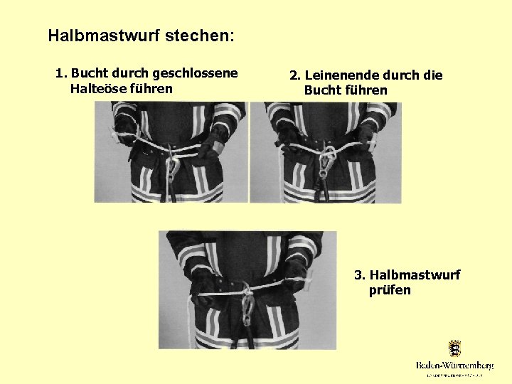 Halbmastwurf stechen: 1. Bucht durch geschlossene Halteöse führen 2. Leinenende durch die Bucht führen