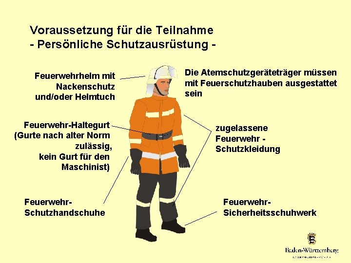 Voraussetzung für die Teilnahme - Persönliche Schutzausrüstung Feuerwehrhelm mit Nackenschutz und/oder Helmtuch Feuerwehr-Haltegurt (Gurte