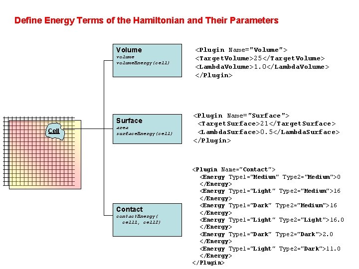 Define Energy Terms of the Hamiltonian and Their Parameters Volume volume. Energy(cell) Surface Cell