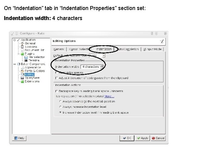 On “Indentation” tab in “Indentation Properties” section set: Indentation width: 4 characters 