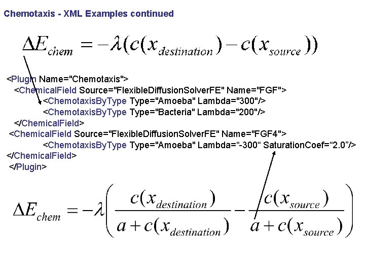 Chemotaxis - XML Examples continued <Plugin Name="Chemotaxis"> <Chemical. Field Source="Flexible. Diffusion. Solver. FE" Name="FGF">