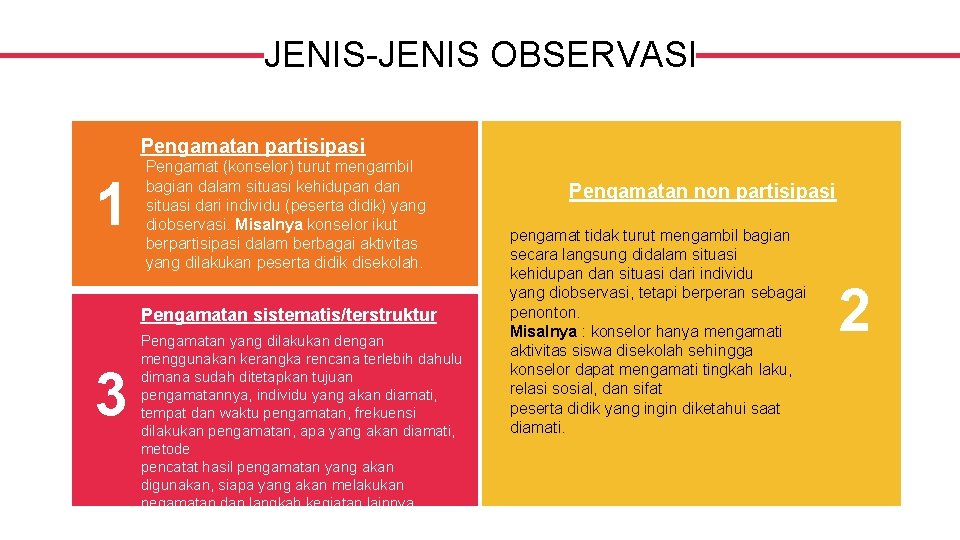 JENIS-JENIS OBSERVASI Pengamatan partisipasi 1 Pengamat (konselor) turut mengambil bagian dalam situasi kehidupan dan