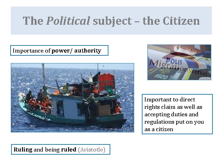 The Political subject – the Citizen Importance of power/ authority Important to direct rights