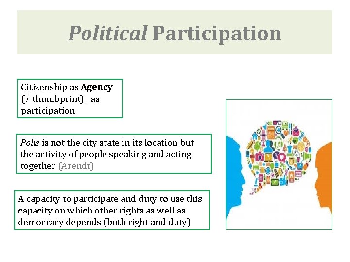 Political Participation Citizenship as Agency (≠ thumbprint) , as participation Polis is not the
