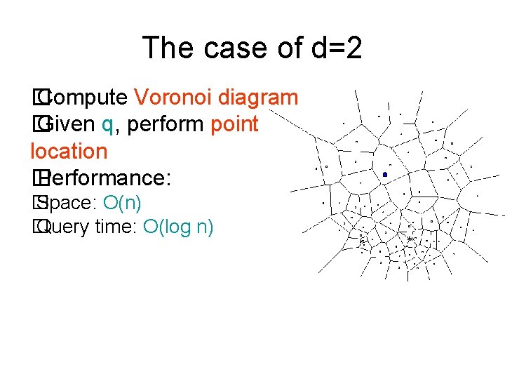 The case of d=2 � Compute Voronoi diagram � Given q, perform point location