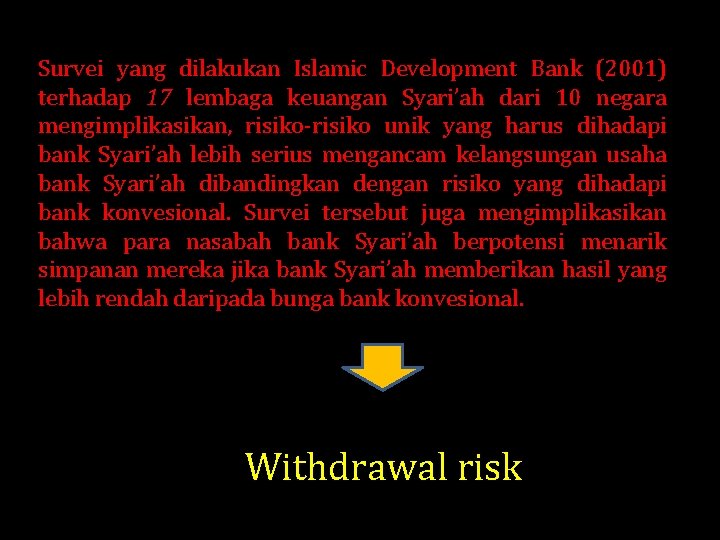 Survei yang dilakukan Islamic Development Bank (2001) terhadap 17 lembaga keuangan Syari’ah dari 10