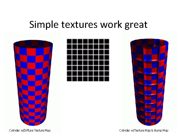 Simple textures work great Bump Map Cylinder w/Diffuse Texture Map Cylinder w/Texture Map &