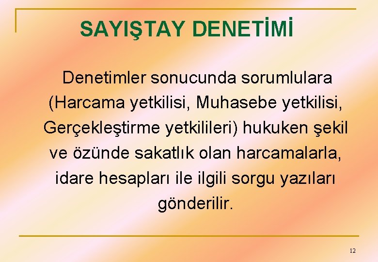 SAYIŞTAY DENETİMİ Denetimler sonucunda sorumlulara (Harcama yetkilisi, Muhasebe yetkilisi, Gerçekleştirme yetkilileri) hukuken şekil ve