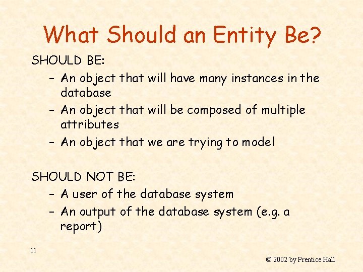 What Should an Entity Be? SHOULD BE: – An object that will have many