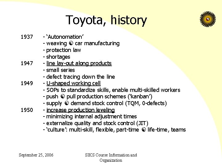 Toyota, history 1937 1949 1950 - ‘Autonomation’ weaving car manufacturing protection law shortages line