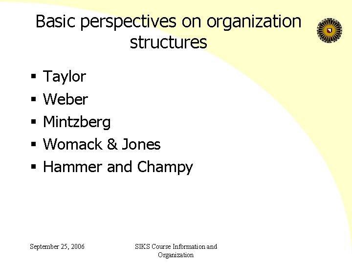 Basic perspectives on organization structures § § § Taylor Weber Mintzberg Womack & Jones