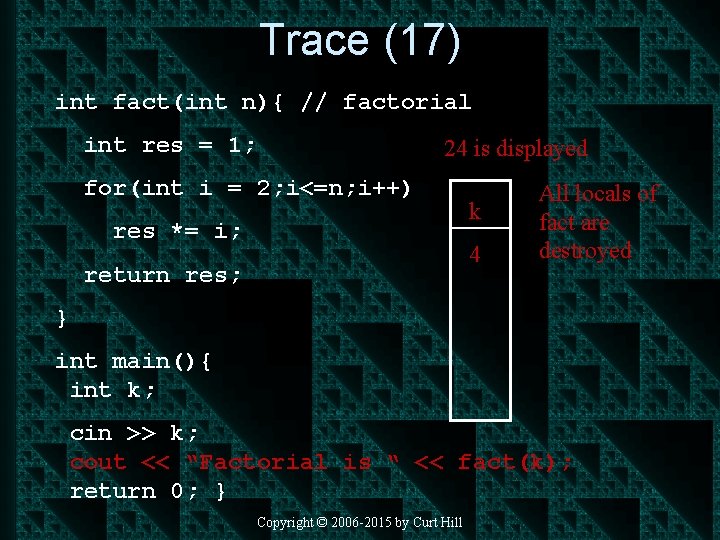 Trace (17) int fact(int n){ // factorial int res = 1; 24 is displayed