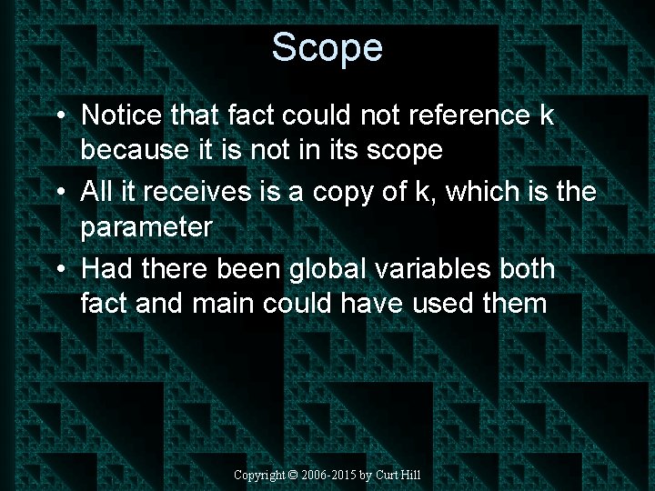 Scope • Notice that fact could not reference k because it is not in