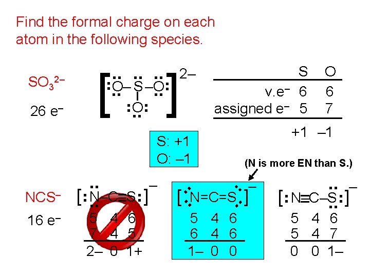 Find the formal charge on each atom in the following species. S v. e–