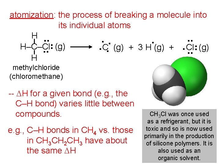 . . atomization: the process of breaking a molecule into its individual atoms H.