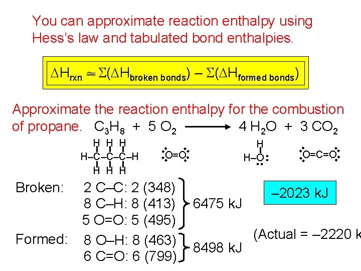 You can approximate reaction enthalpy using Hess’s law and tabulated bond enthalpies. DHrxn S(DHbroken