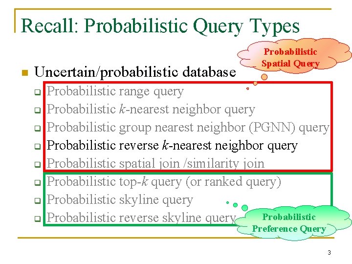 Recall: Probabilistic Query Types n Uncertain/probabilistic database q q q q Probabilistic Spatial Query