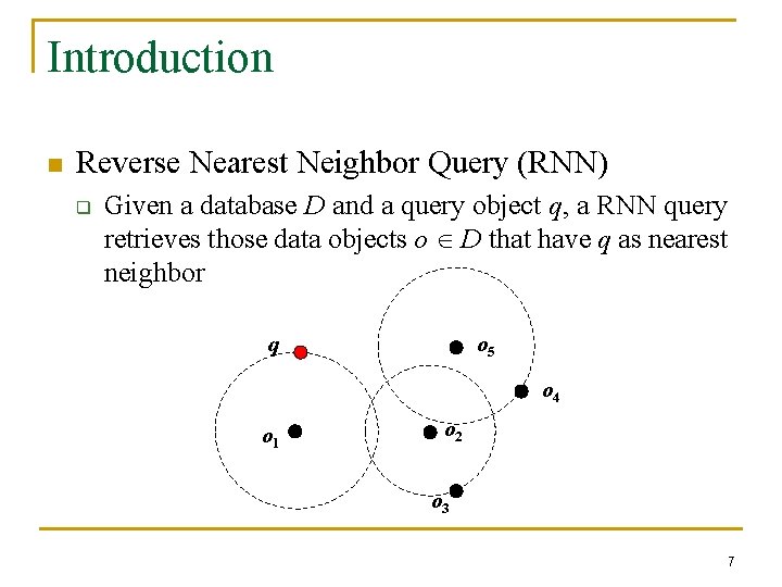 Introduction n Reverse Nearest Neighbor Query (RNN) q Given a database D and a