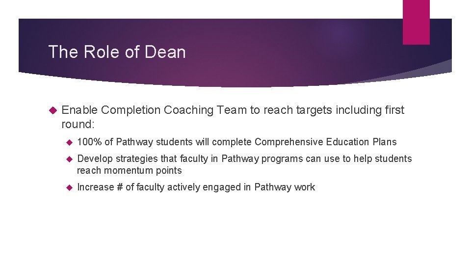 The Role of Dean Enable Completion Coaching Team to reach targets including first round: