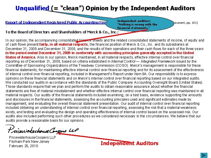 Unqualified (= “clean”) Opinion by the Independent Auditors Independent auditors: Report of Independent Registered
