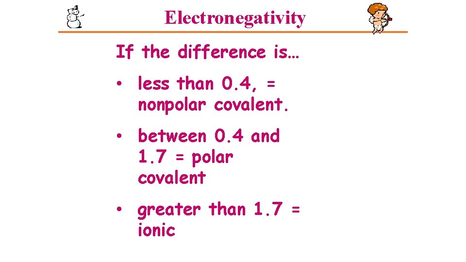 Electronegativity If the difference is… • less than 0. 4, = nonpolar covalent. • Electronegativity If the difference is… • less than 0. 4, = nonpolar covalent. •
