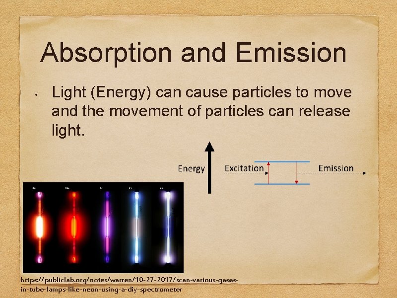 Absorption and Emission • Light (Energy) can cause particles to move and the movement