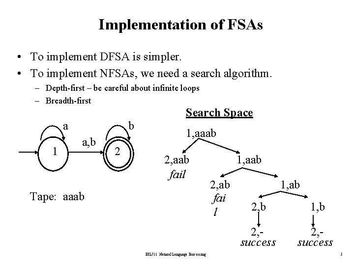 Implementation of FSAs • To implement DFSA is simpler. • To implement NFSAs, we